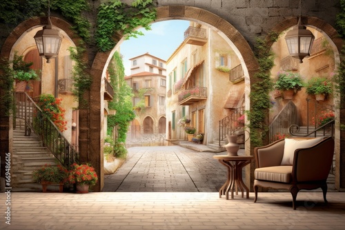 3d image. Old Town, Street, 3d wallpaper and mural. Wallpaper on the wall, Generative AI