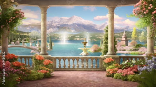 Beautiful view of the lake and mountains from the blooming garden. Digital collage. Wallpaper. Poster design. Gazebo with a fountain, Generative AI