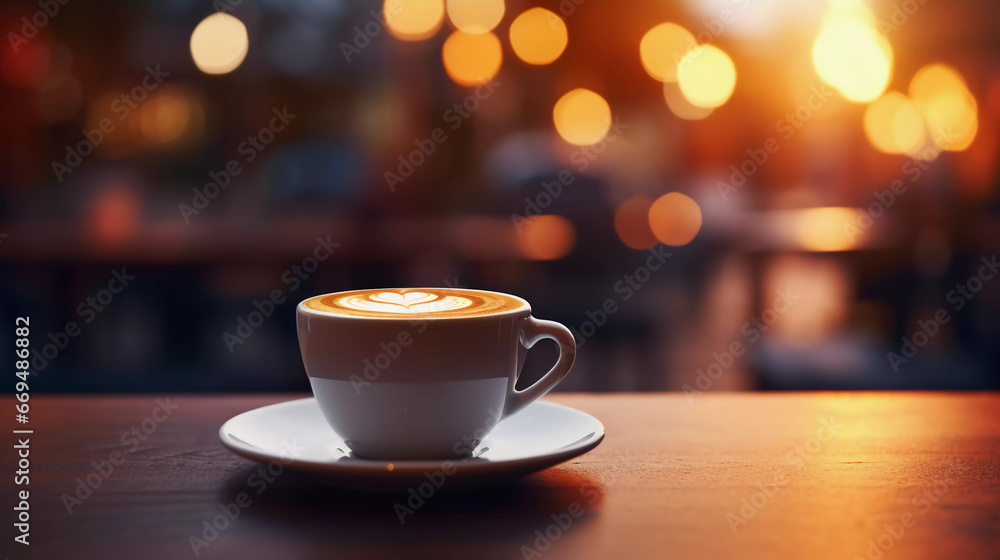 coffee on a wooden table with a blurry cafe in the background coffee on a wooden table with a blurry cafe in the background