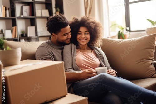 young loving Couple cuddles on sofa in new home with unpacked cardboard boxes © gankevstock