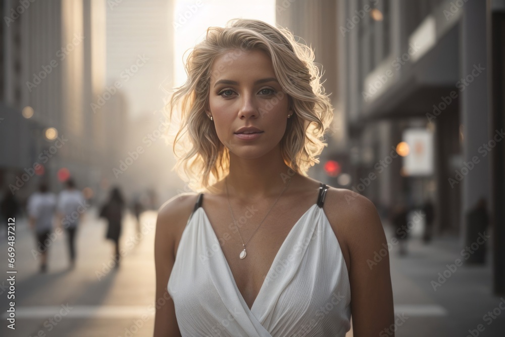 Cinematic shot a beautiful blonde caucasian woman in a summer dress looking into the camera on the streets of New York. Sunset time. Generative AI.