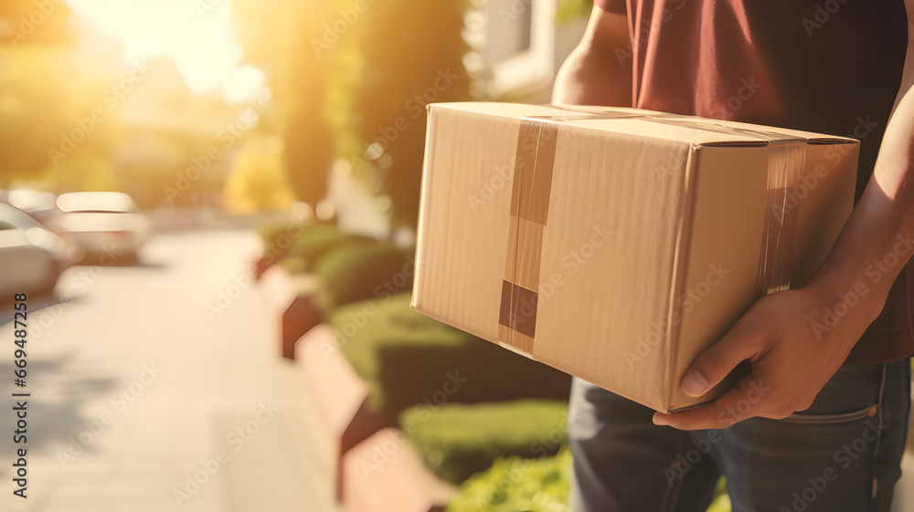 Close-up detail of courier holding a cardboard box, delivering outside a suburban home. - obrazy, fototapety, plakaty 