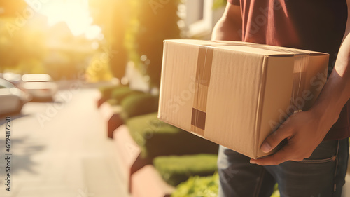 Close-up detail of courier holding a cardboard box, delivering outside a suburban home. photo