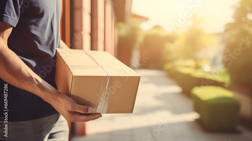 Close-up detail of courier holding a cardboard box, delivering outside a suburban home.