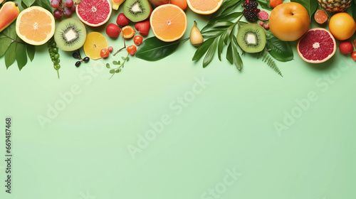 frame of healthy fruit on a green background flat lay photo