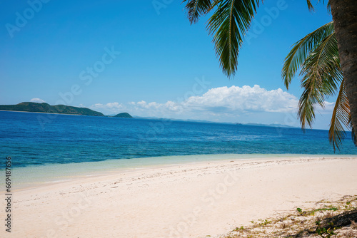 Serene coastal vista showcasing a clear blue sky, azure waters, and sandy shoreline framed by swaying palm fronds, with distant rolling hills on the horizon