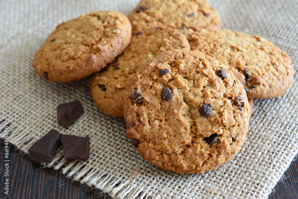 oatmeal biscuits with chocolate isolated on the table close up oatmeal biscuits with chocolate isolated on the table close up