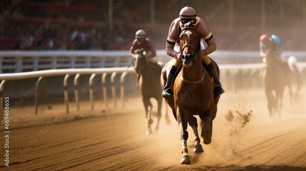 A jockey during a horse race rides his horse