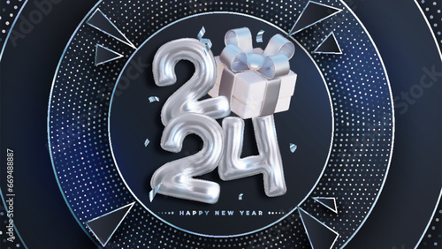 Happy New Year 2024! Realistic 3D rendering of the figures, complemented by silver gift box ribbons and Christmas decorations. This is the perfect celebratory sign for your 2024 celebrations.