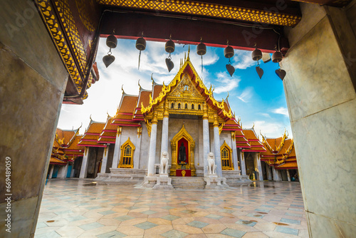 Marble buddha temple with golden pagoda sightseeing travel in Bangkok city photo