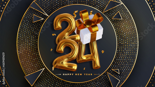 Happy New Year 2024! Realistic 3D rendering of the figures, complemented by gold gift box ribbons and Christmas decorations. This is the perfect celebratory sign for your 2024 celebrations.