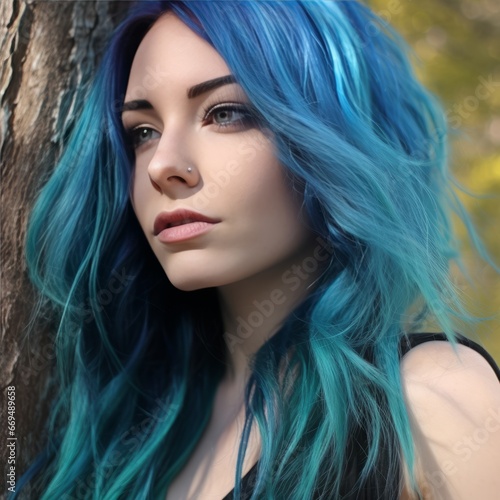 Portrait of a beautiful young woman with blue hair in the park