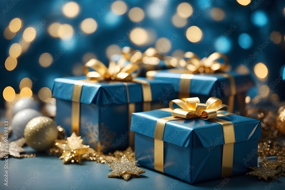 Christmas gift box with Christmas decorations. Blue gift box with gold ribbon. Generative AI.