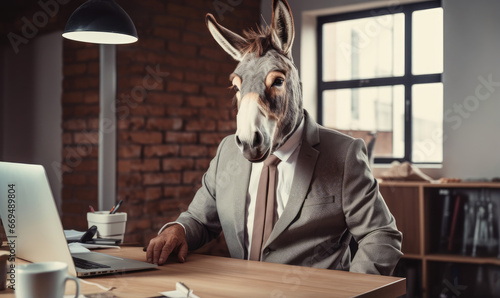 Business-dressed donkey at desk.