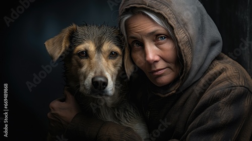 a homeless woman cradling a stray dog in her arms photo