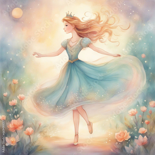 Dancing Princess Fantasy Art, Watercolor Illustration, Dreamy Background, Handpainted Style, Soft Colors, Generative AI