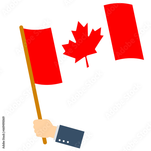 The hand holds the flag of Canada. Flag of Canada in hand on a white background. Canadian flag in hand. Holding the Canadian flag. Vector illustration.