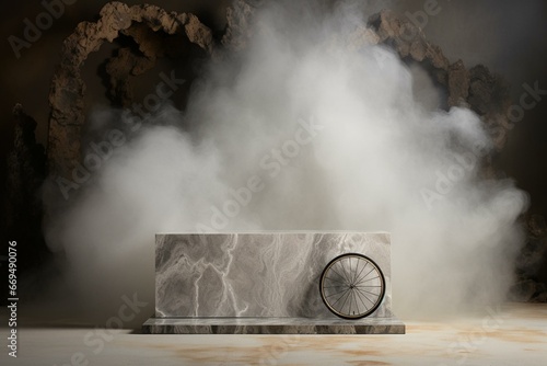 Marble podium with smoke, fog, and a cycle in the background for product presentation on a stone surface in the studio. Generative AI