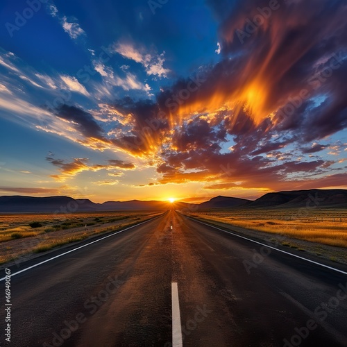 Empty asphalt road and beautiful sky at sunset, panoramic view. - Generative AI