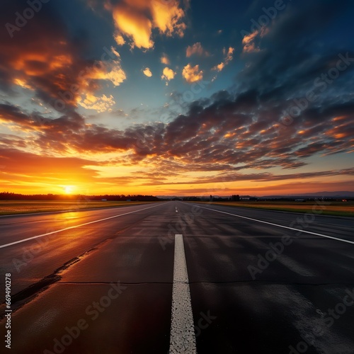 Empty asphalt road and beautiful sky at sunset, panoramic view. - Generative AI