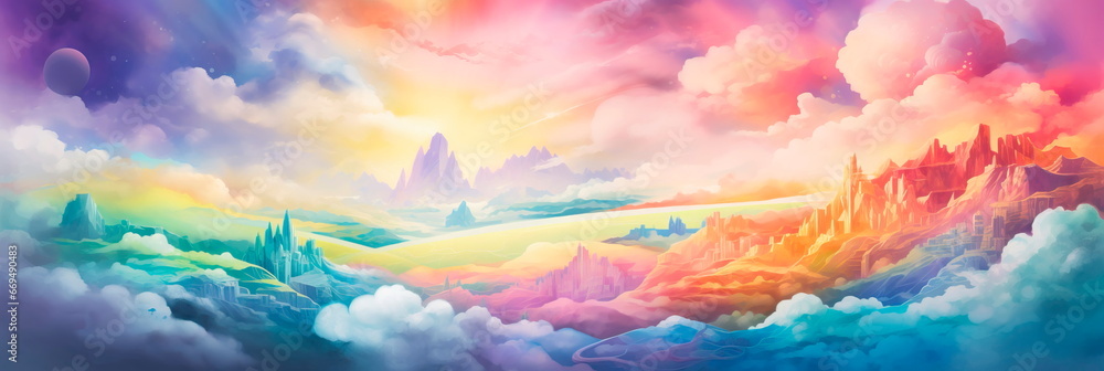playful watercolor background featuring a vivid rainbow stretching across the sky, leading to a world of color and enchantment.