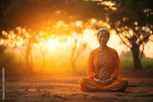 Mature beautiful woman who practices meditation, does yoga in nature © Ksenia Belyaeva