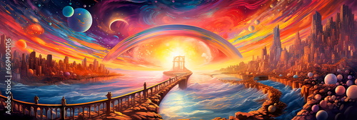 surreal watercolor-like bridge composed of vibrant rainbows that connect two fantastical worlds. photo