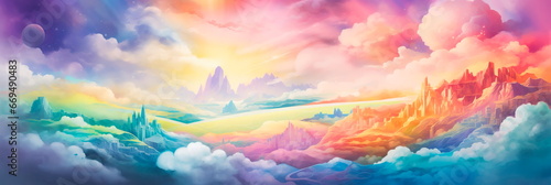 playful watercolor background featuring a vivid rainbow stretching across the sky, leading to a world of color and enchantment.