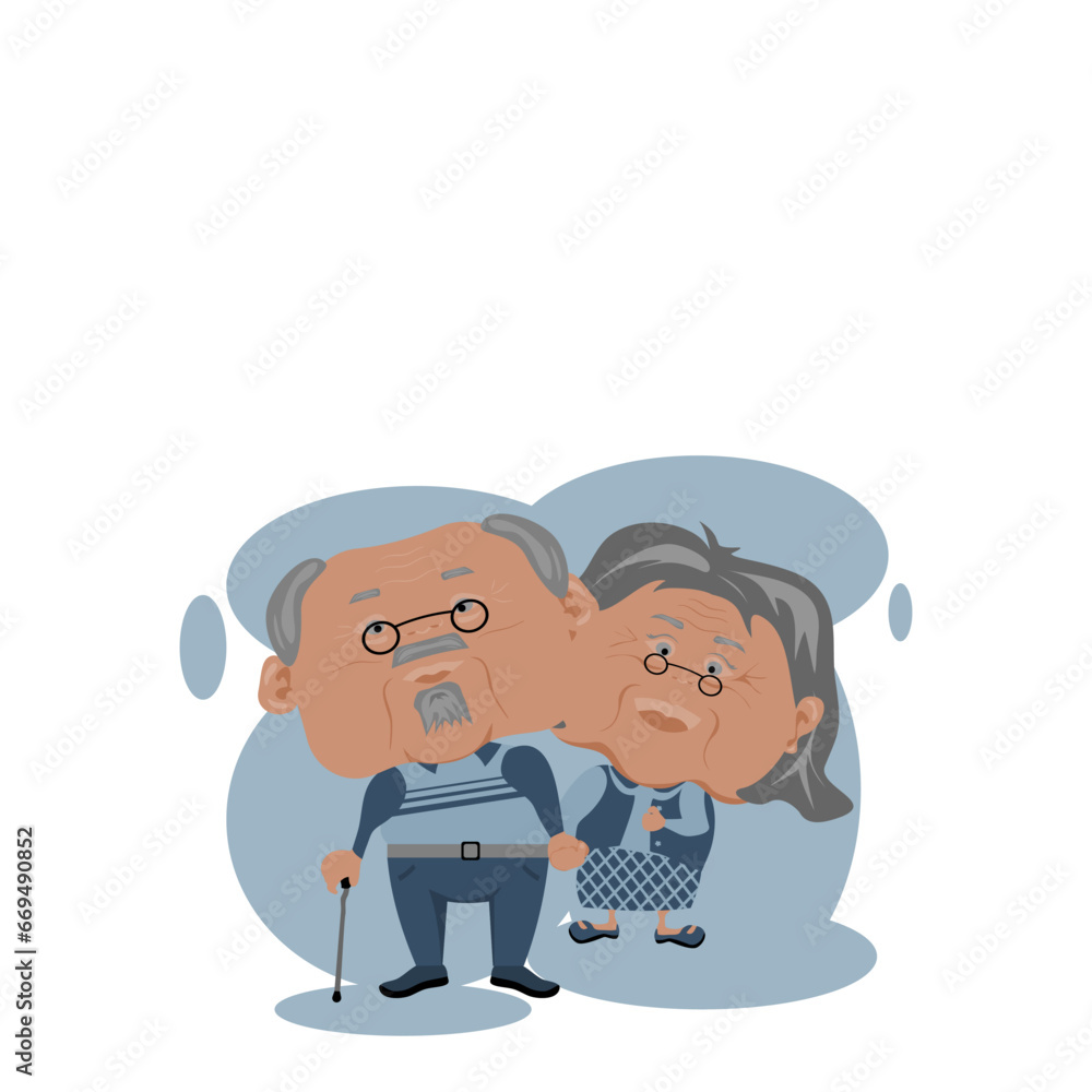 Cute cartoon senior man and old woman are standing and smiling together.vector illustrations flat design of retired grey hairs grandfather holding a cane and holding hand his wife on white background.