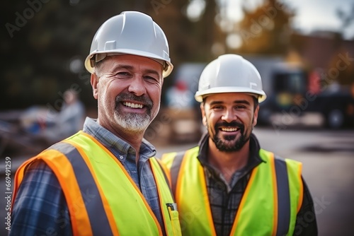 Men builders in reflective vests and protective helmets pose for photo smiling during work break. Cheerful workers friends in warm uniforms stand on construction site with operating tractor