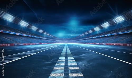 Asphalt racing track finish line and illuminated race sport stadium at night. Professional digital 3d illustration of racing sports, Generative AI photo