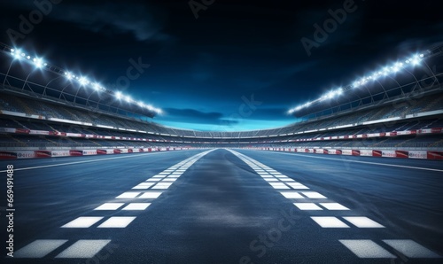 Asphalt racing track finish line and illuminated race sport stadium at night. Professional digital 3d illustration of racing sports, Generative AI