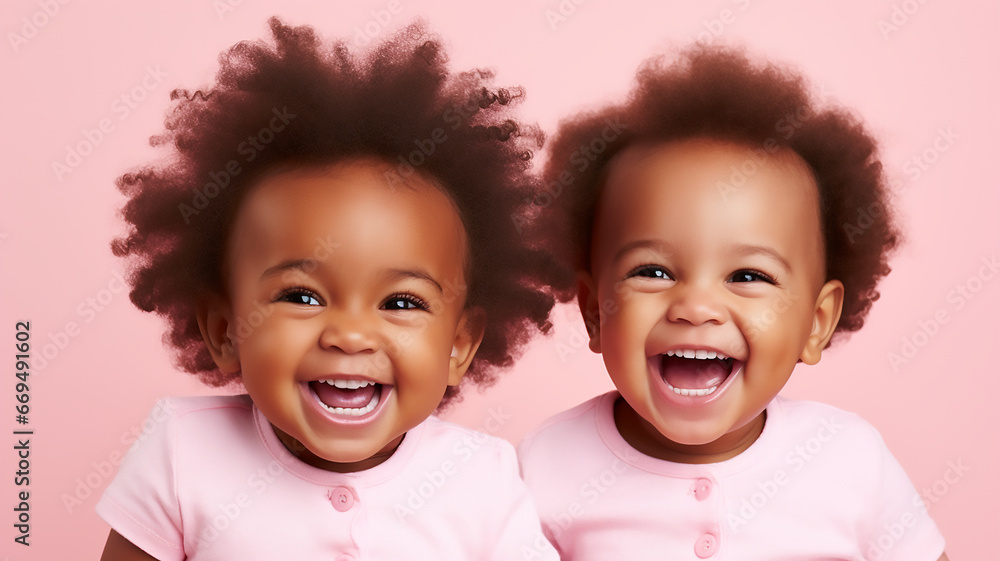 Portrait of a cute little African American baby twins laughing on pink background, Generative AI Portrait of a cute little African American baby twins laughing on pink background, Generative AI