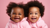 Portrait of a cute little African American baby twins laughing on pink background, Generative AI