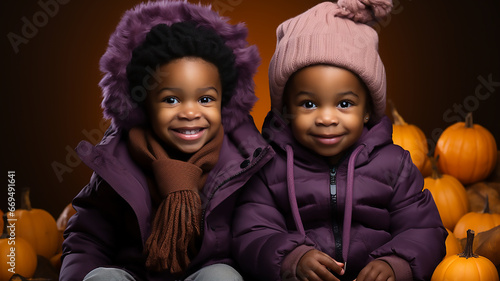 Portrait of a cute little African American baby twins in purple Halloween costumes on pumpkin background, Generative AI photo
