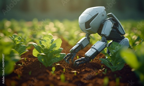 Smart autonomous robotic farmer observes growth of organic plants on a field. Generative AI