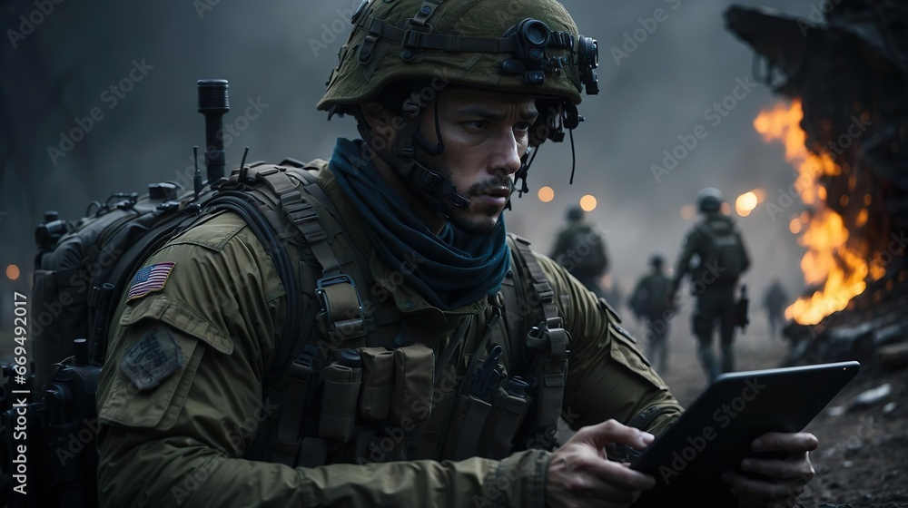 a soldier controlling the battle situation on his tablet. Representation of modern combined warfare. Generative AI. a soldier controlling the battle situation on his tablet. Representation of modern combined warfare. Generative AI.