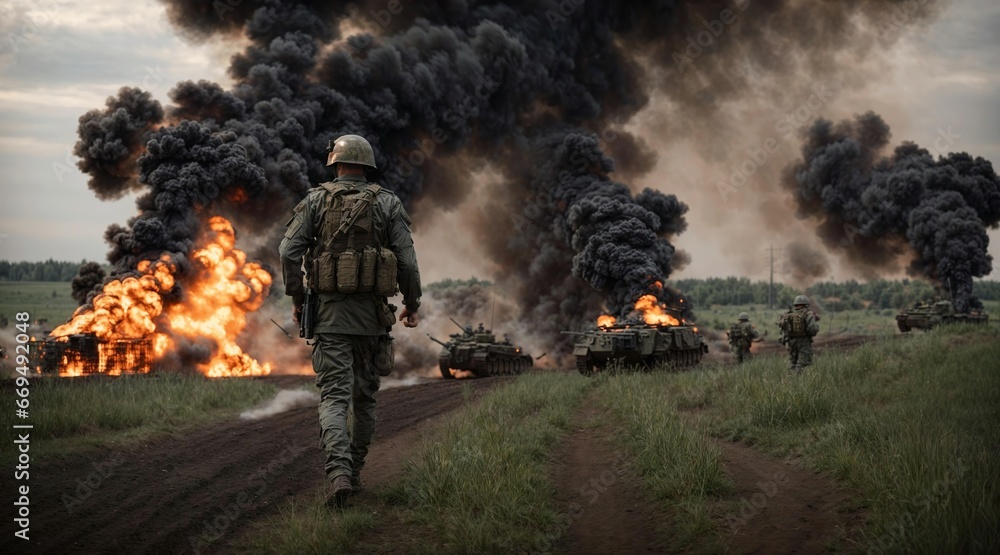 Soldiers walking between destroyed tanks on battleground. Generative AI.