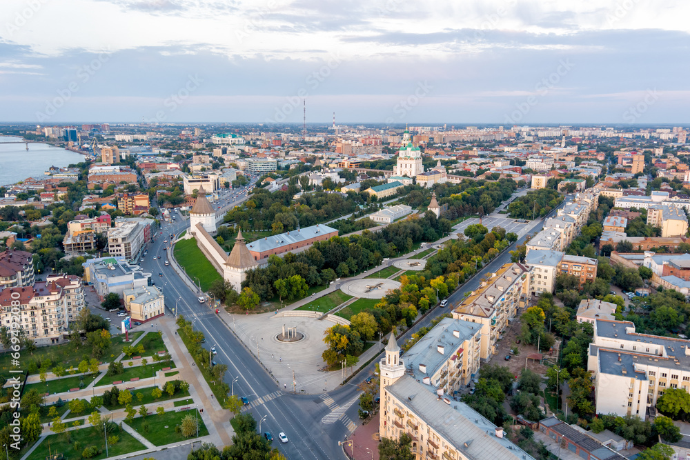 Astrakhan, Russia. Astrakhan Kremlin. Panorama of the city from the air in summer. Sunset time. Aerial view