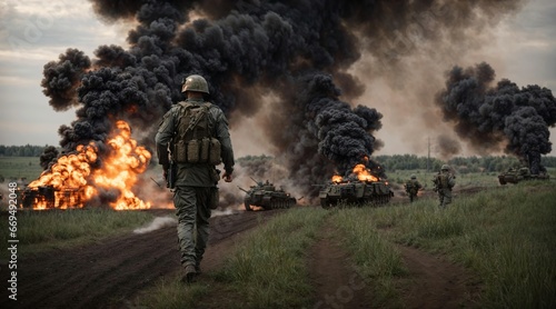 Soldiers walking between destroyed tanks on battleground. Generative AI.