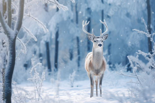 Noble male deer in winter snowy forest. Winter Christmas landscape. © Guido Amrein