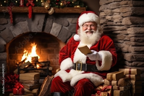 Santa Claus with Christmas Gifts Pile, Saint Nicholas Sitting by the Fireplace, Xmas Presents