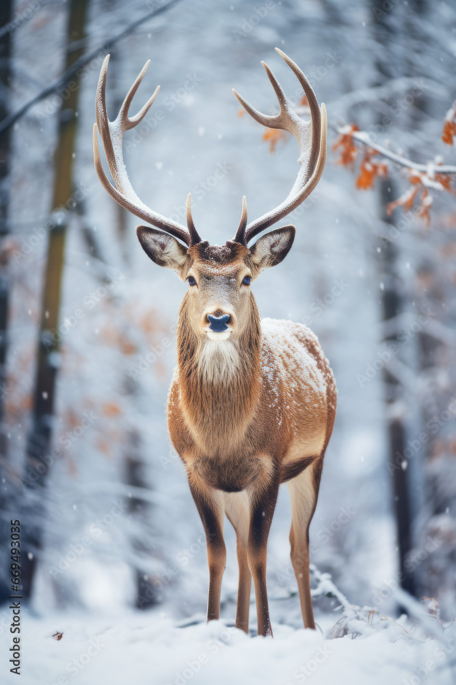 Noble male deer in winter snowy forest. Winter Christmas landscape. Noble male deer in winter snowy forest. Winter Christmas landscape.