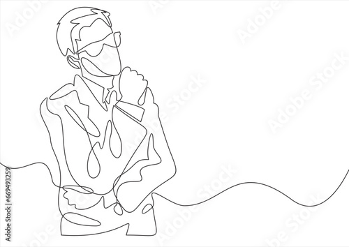 Pensive handsome man in suit looking up and thinking,Making choice.continuous line	