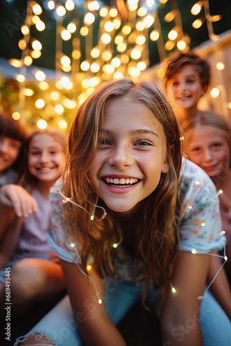 Portrait of a smiling little girl with her friends in the background