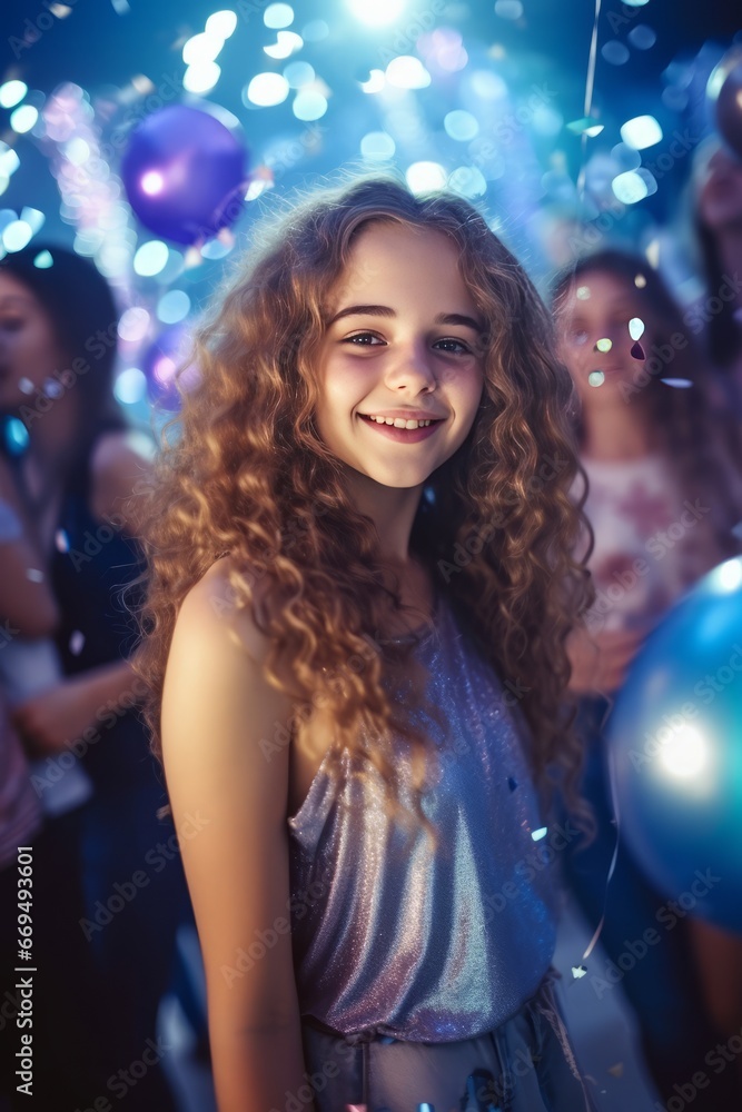 Portrait of a smiling girl with long curly hair on a party.