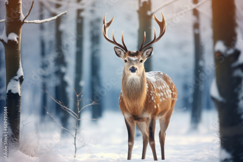 Noble male deer in winter snowy forest. Winter Christmas landscape.