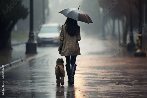 Young woman with umbrella walking with dog in the rain on a rainy day photo