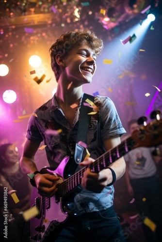 Portrait of young man playing on electric guitar in nightclub with confetti