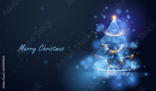 Merry Christmas dotted tree in snow backdrop. Futuristic holiday winter card vector background.	
